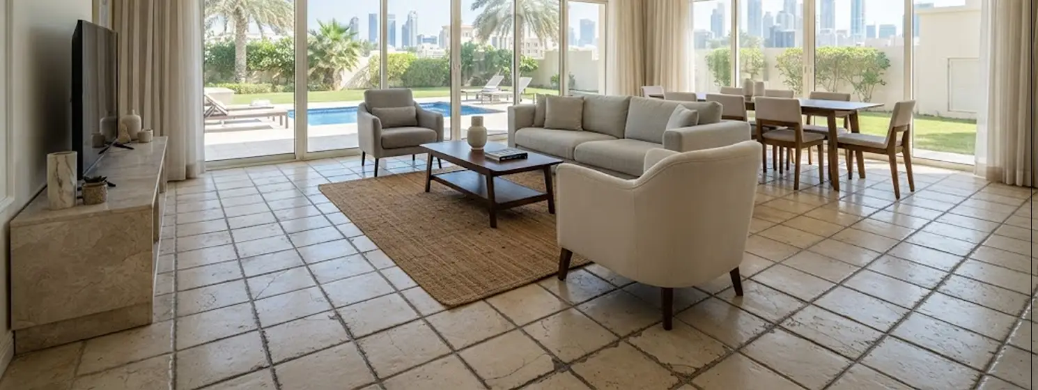 Old tiled flooring in a Dubai villa living room